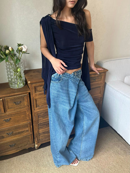 Draped Asymmetric Navy Top