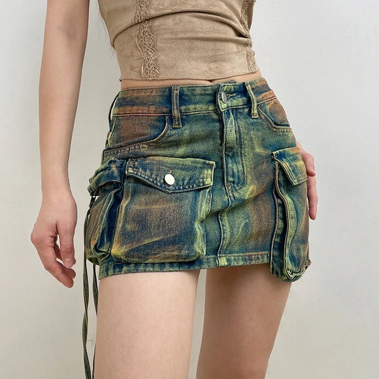 Acid Wash Cargo Denim Skirt