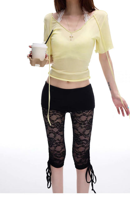 COMMON IN 0120 Tie Cuff Floral Lace Sheer Capri Leggings