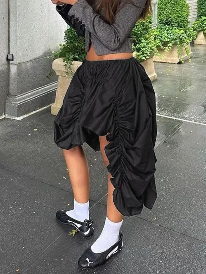 Asymmetric Gathered Skirt In Black