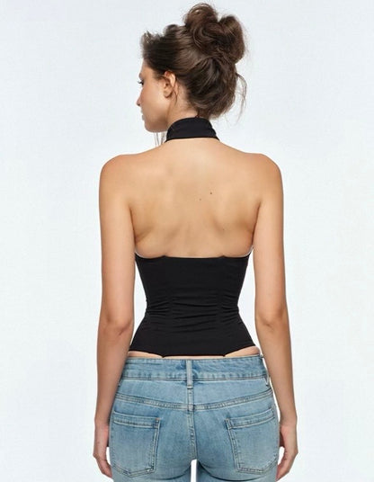 (Pre-Order) Bum Studio Black Halter Neck Keyhole Corset Top