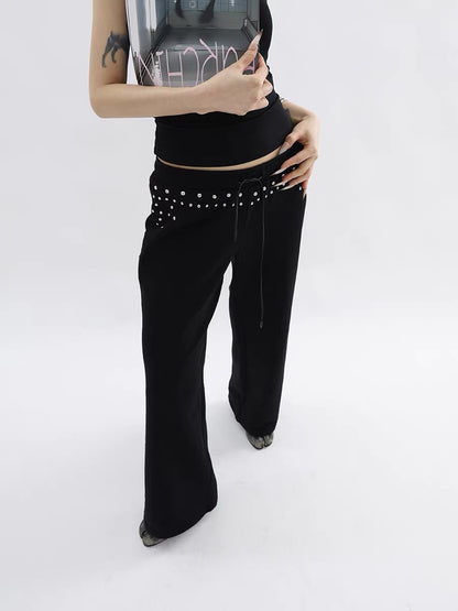 Black Straight Leg Trousers with Silver Rivet Detail