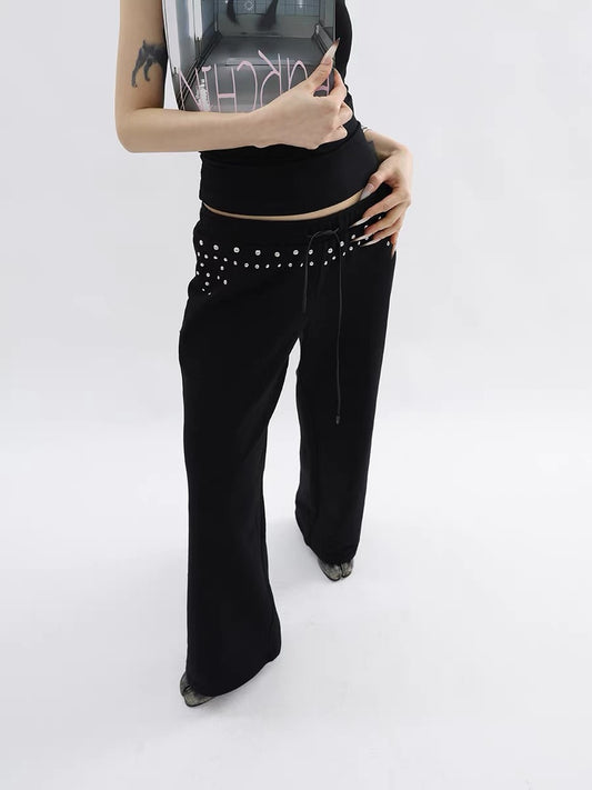 Black Straight Leg Trousers with Silver Rivet Detail