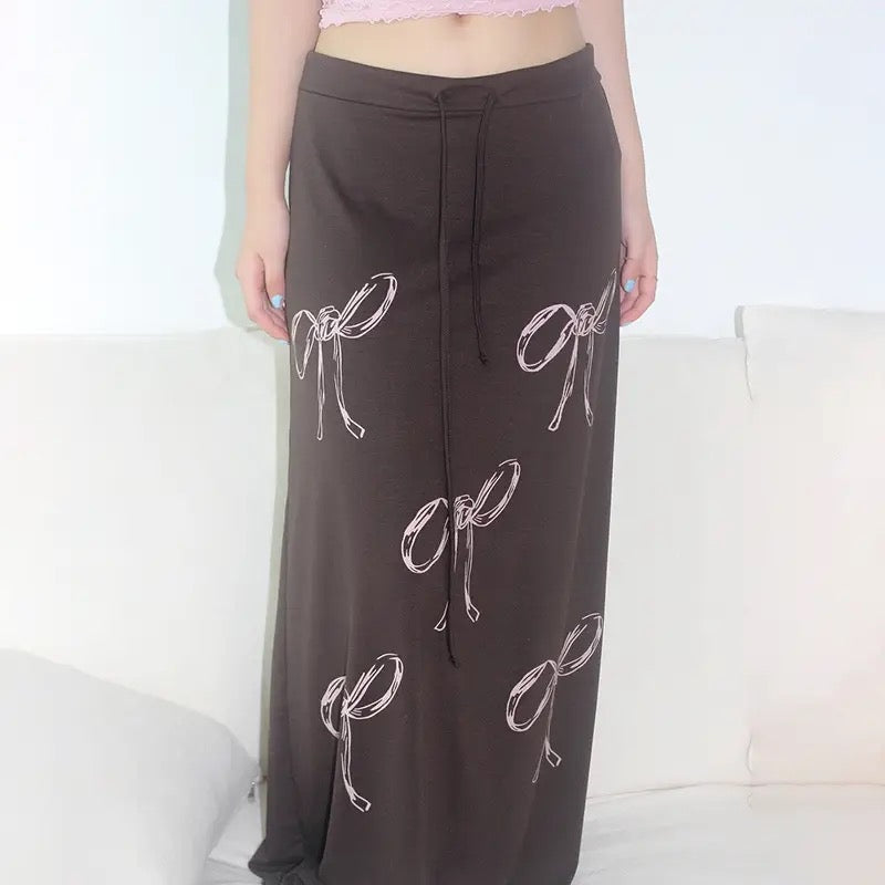 Low Rise Maxi Skirt With Bow Print