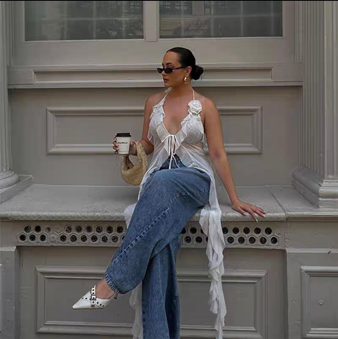 White Cropped V Neck Ruffle Top