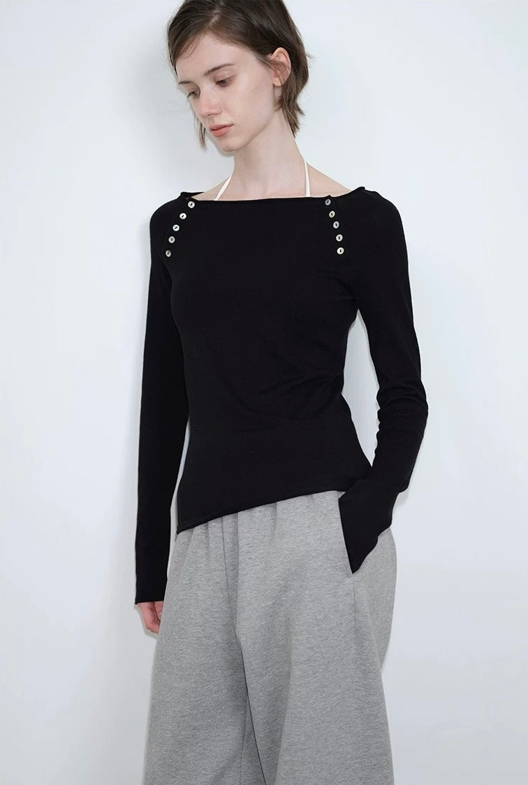 Solveig Button Embellished Boat Neck Top