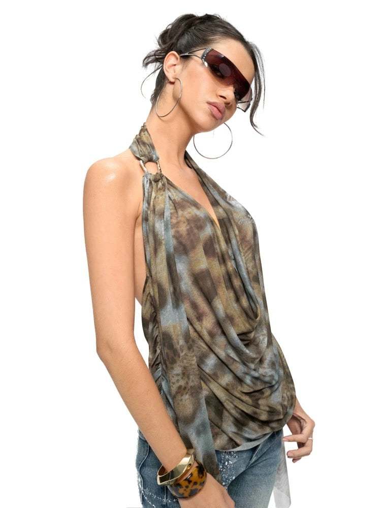 JYOSEI Leopard Print Flowy Backless Ring Detail Cowl Top