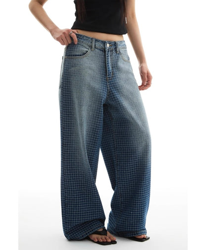 Checkered Washed Wide Leg Jeans