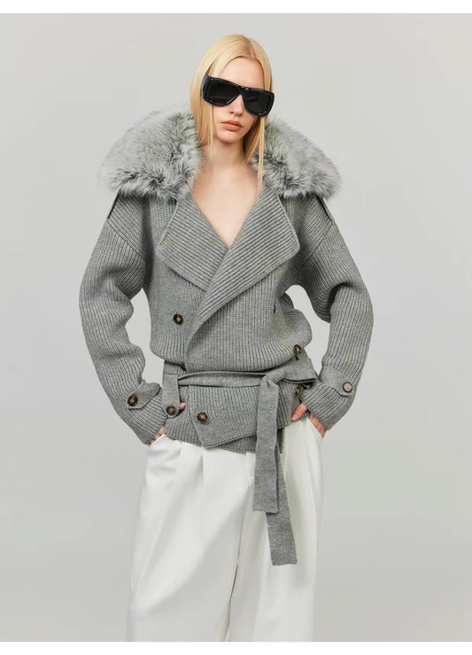 0122stepll Fur Collar Belted Ribbed Knit Wrap Cardigan