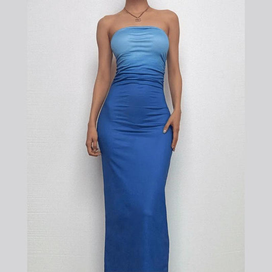 Blue Ruched Gradient Maxi Dress