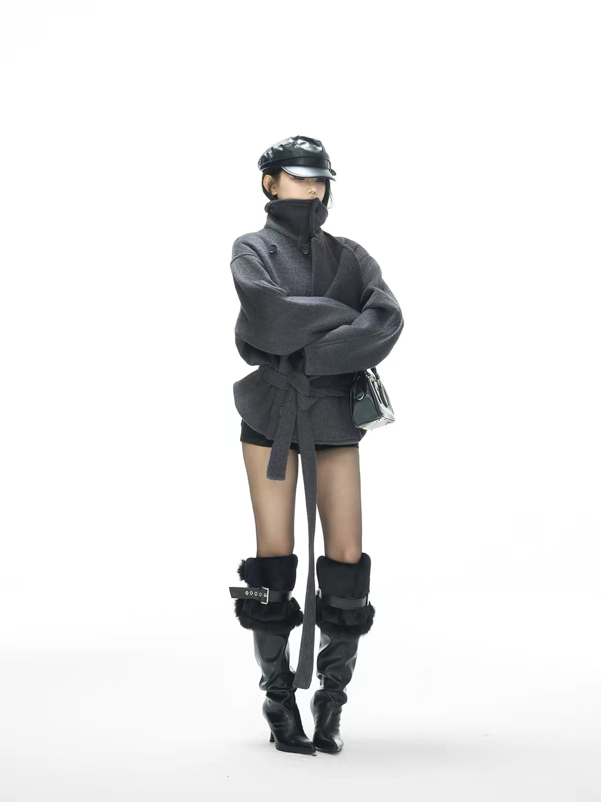 Belted Double Breasted Wool Blend Short Coat