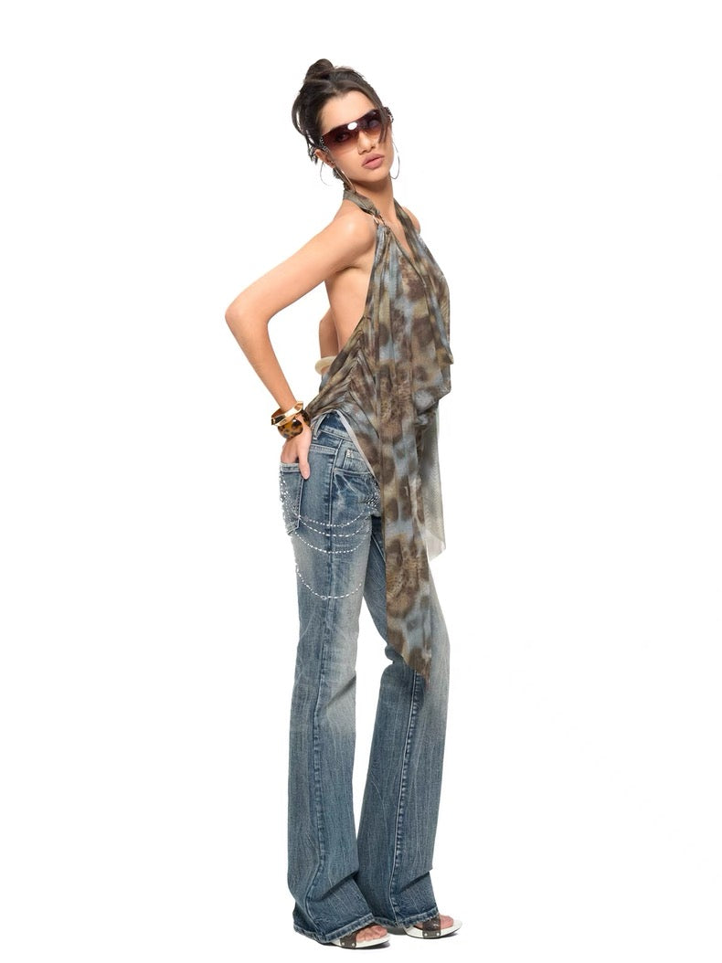 JYOSEI Leopard Print Flowy Backless Ring Detail Cowl Top