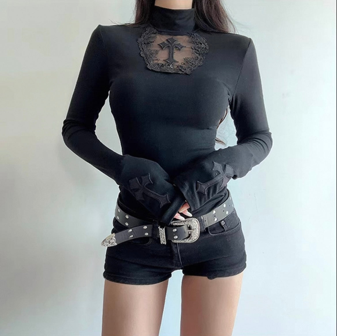 Sheer Cross Turtleneck Top