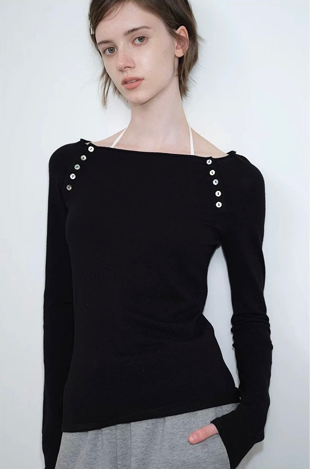 Solveig Button Embellished Boat Neck Top