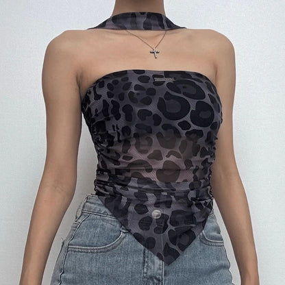 Halter Metal Tag Leopard Print Sheer Mesh Top