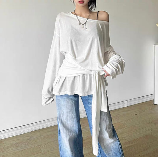 Loose Long Sleeve Tie Waist Top