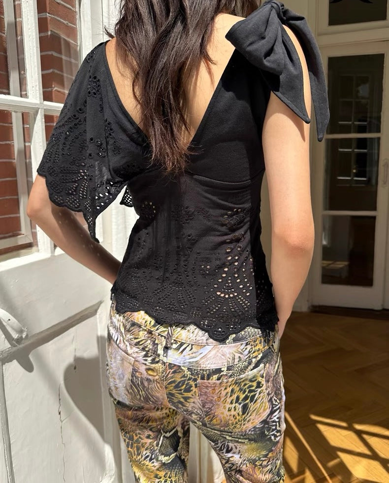 HOL!DAY Asymmetrical Lace Tie Shoulder Top
