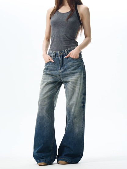 Dark Wash Wide Leg Mid Rise Denim Jeans