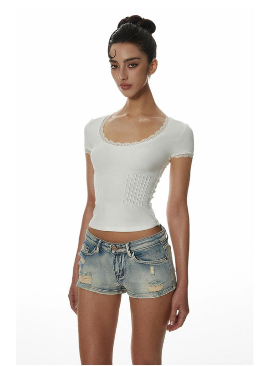 Lotus Million White Lace Trim Short Sleeve Top