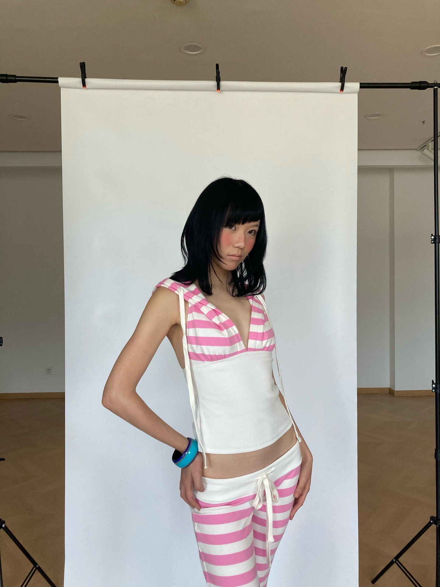 WildFLO Y2K Pink Striped Hooded Backless Halter Top