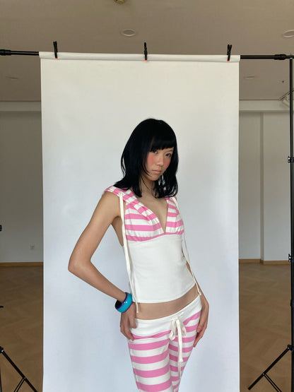 WildFLO Y2K Pink Striped Hooded Backless Halter Top