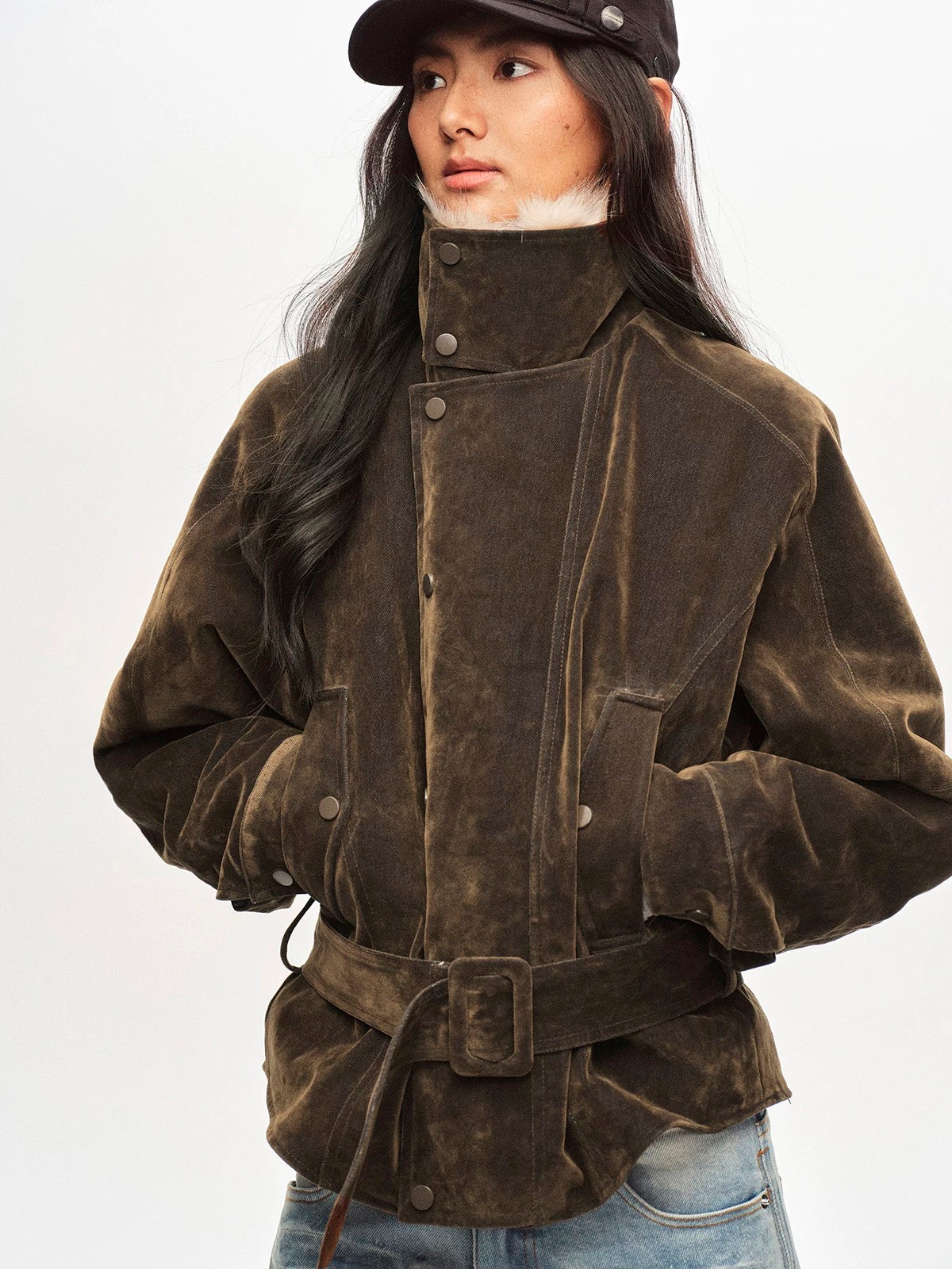 Right Above Flocked Denim Faux Mink Belted Jacket