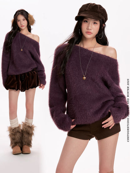 Purple Hairy Knit Off Shoulder Jumper
