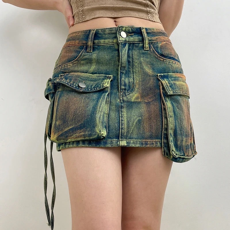 Acid Wash Cargo Denim Skirt