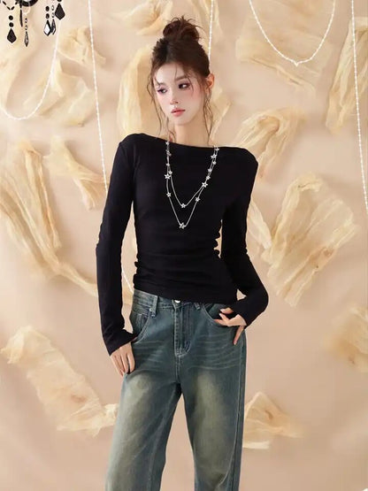 Backless Beaded  Long-sleeved T-shirt