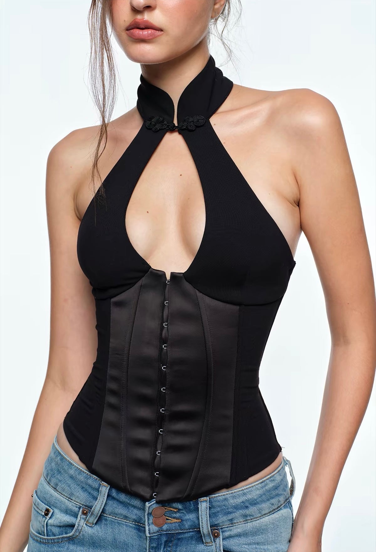 (Pre-Order) Bum Studio Black Halter Neck Keyhole Corset Top