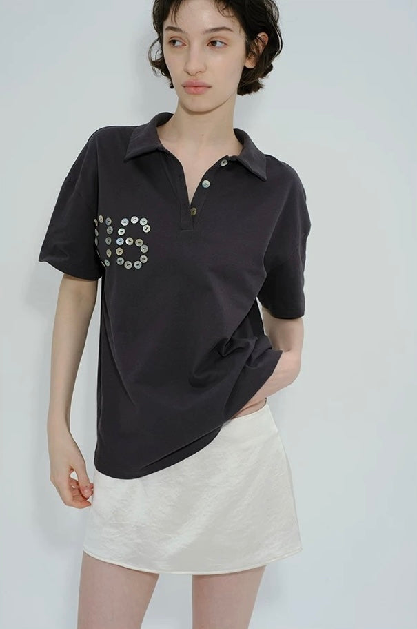 Solveig Shell Button Decorated Polo Short-Sleeved T-shirt
