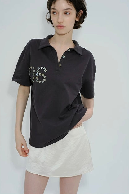 Solveig Shell Button Decorated Polo Short-Sleeved T-shirt