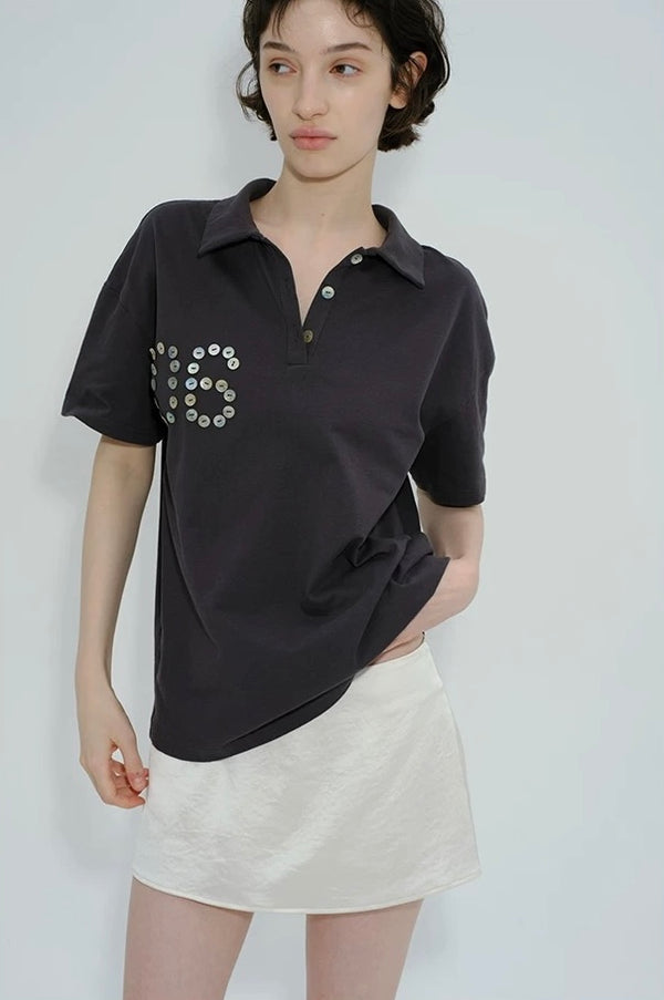 SOLWEIGE Shell Button Decorated Polo Short-Sleeved T-shirt