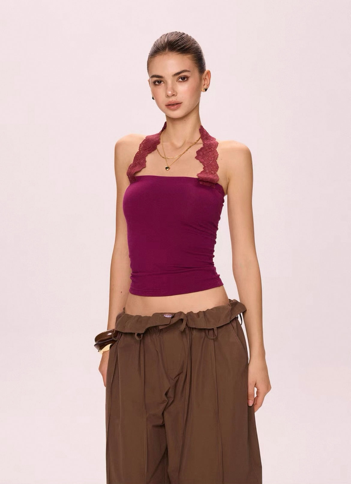 Two Way Lace Strap Tube Top in deep berry, styled with removable lace straps for a halter neck look, showcasing its slim fit and soft stretch fabric.