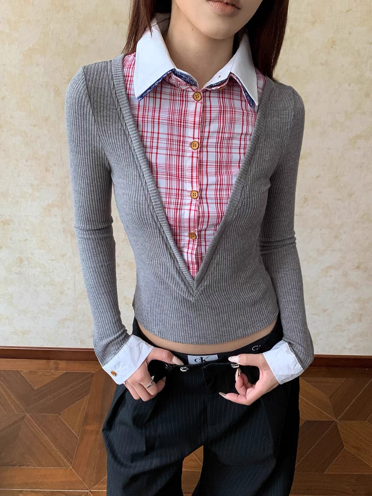 Layered Plaid Collar Knit Top