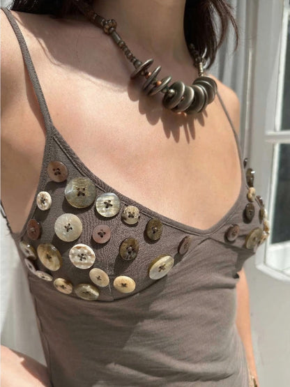 HOL!DAY Ocean Shell Glossy Button-Embellished Cotton Tank Top