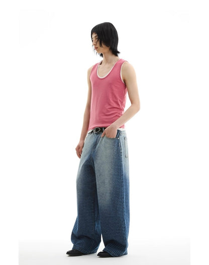 Checkered Washed Wide Leg Jeans