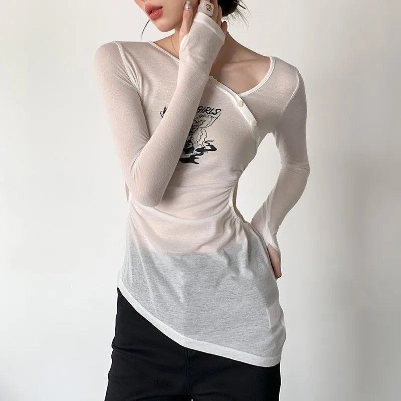 Asymmetric Semi Sheer Long Sleeve Top