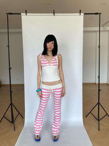 WildFLO Y2K Pink Striped Hooded Backless Halter Top