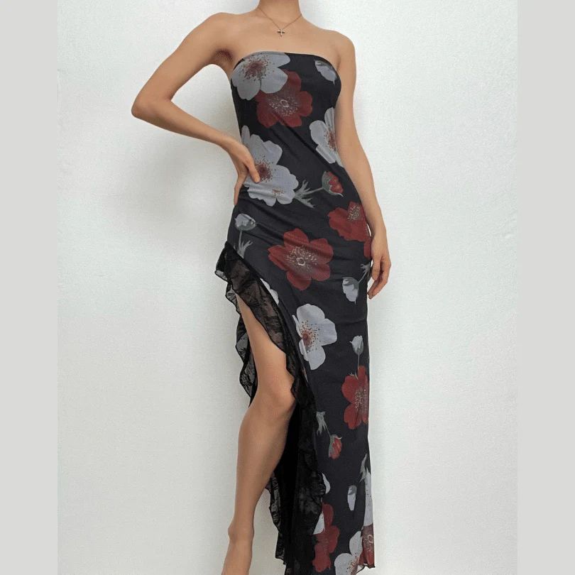 Floral Print Mesh Maxi Dress