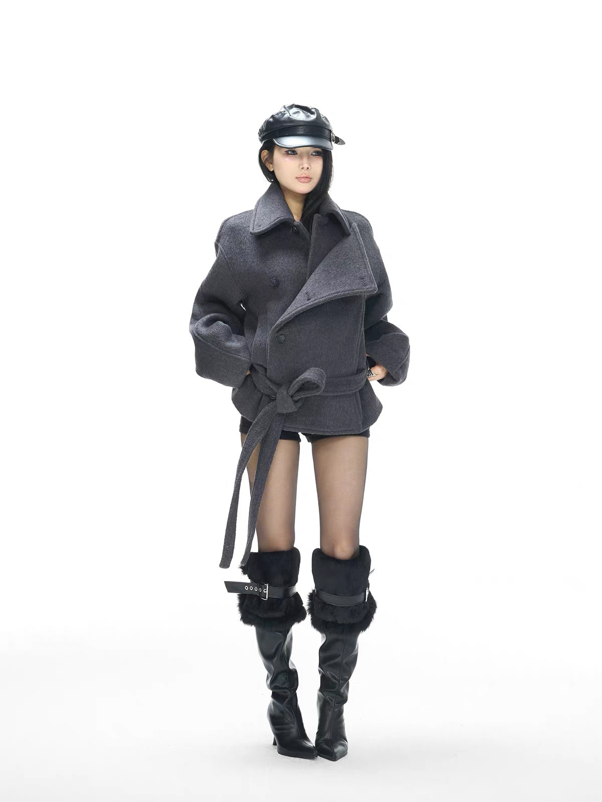Belted Double Breasted Wool Blend Short Coat