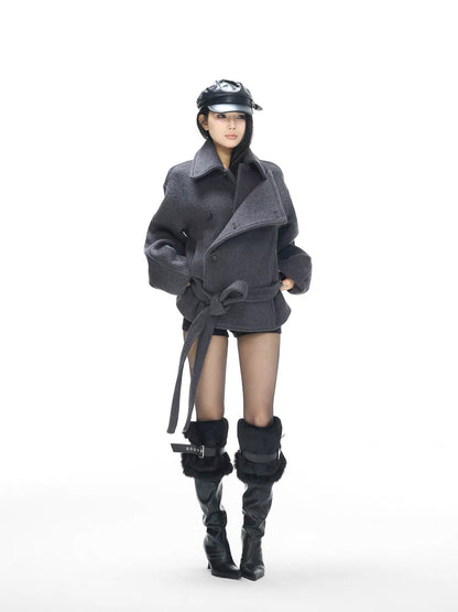 Belted Double Breasted Wool Blend Short Coat