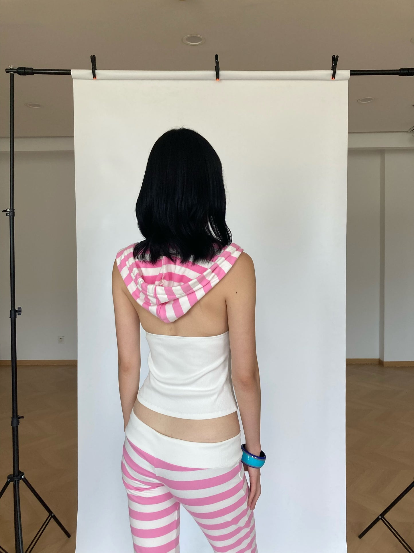 WildFLO Y2K Pink Striped Hooded Backless Halter Top
