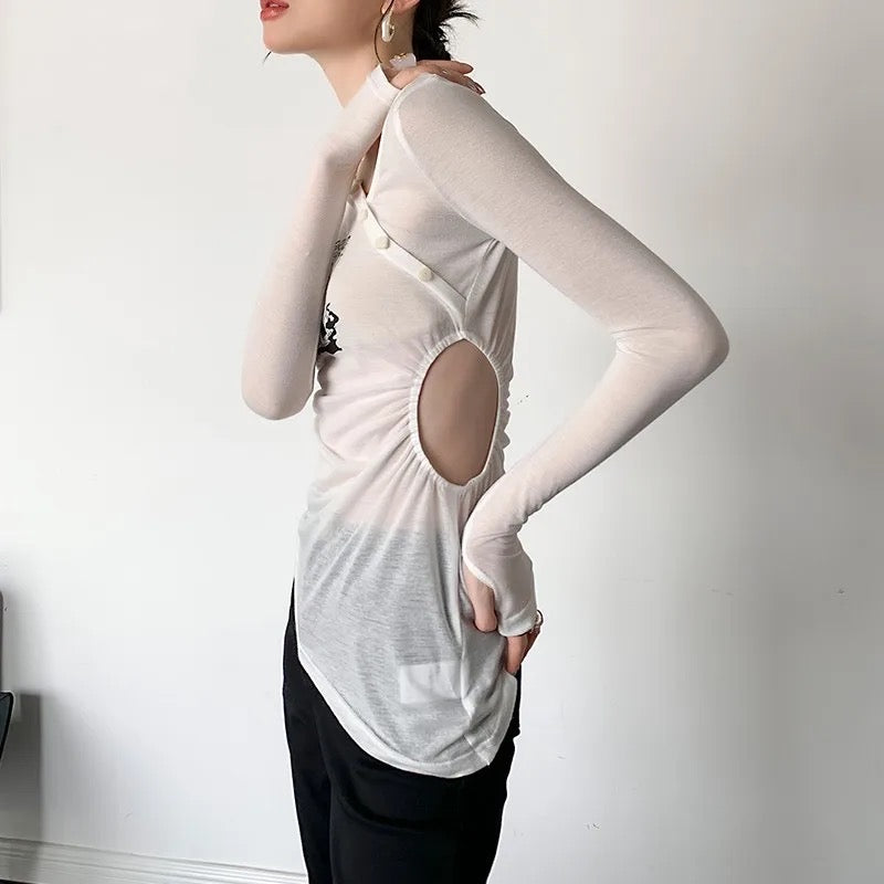 Asymmetric Semi Sheer Long Sleeve Top