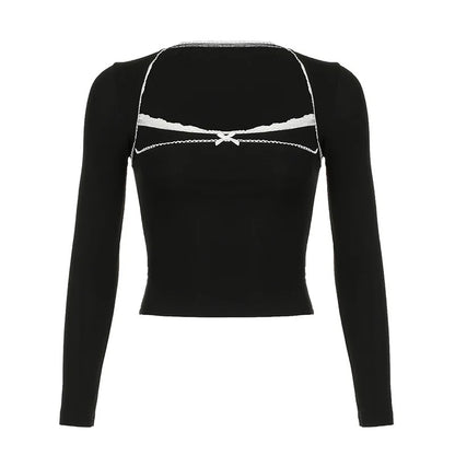 Square Neck Contrast Long Sleeve Top