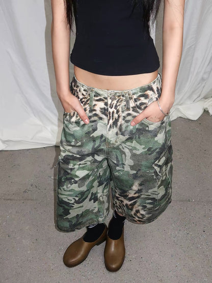 Oversized Camo Leopard Cargo Bermuda Shorts