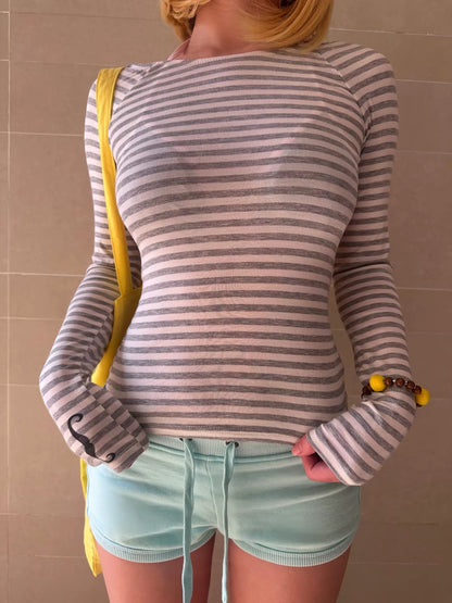 RebelAngel Striped Backless Long Sleeve Top