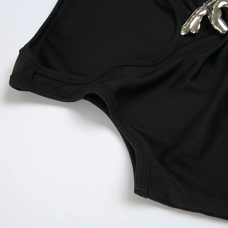 Black Ribbed Hand Detail Vest Top – Metal Pinch Design