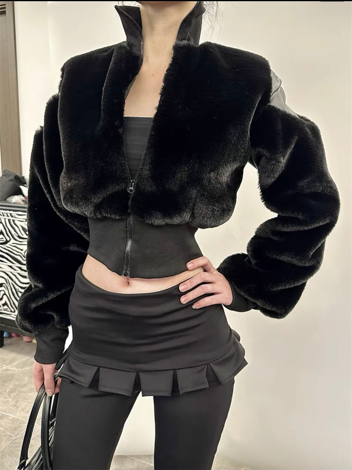 Short Hair Faux Fur Leather Zip Up Jacket In Black