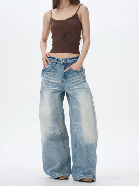 Light Wash Wide Leg Straight Jeans with Crease Effect